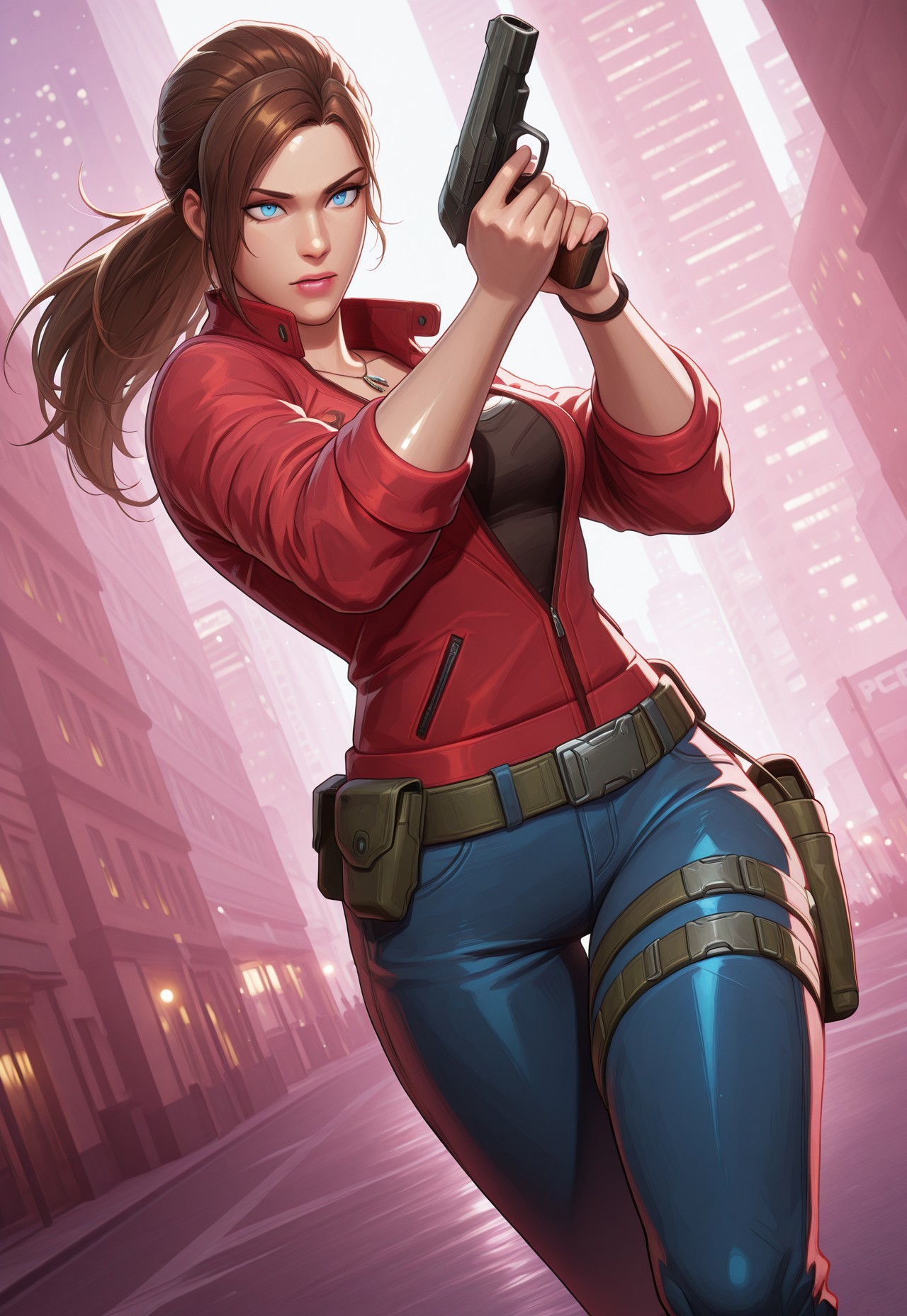 (score_9, score_8_up:1.1), score_7_up, 8k, masterpiece, high quality, extremely detailed, MarvelRivals, semi realistic, cartoon, <lora:AMarvelRivals_style-06:1>, cl4ire, medium breasts, blue eyes, brown hair, long hair, ponytail, necklace, red jacket, partially unzipped, sleeves rolled up, black tank top, jeans, boots, utility belt, holster, thigh strap, cold soft lighting, shiny skin, perfect reflection, perfect lighting, perfect shadows, perfect anatomy, perfect chest, perfect hips, perfect legs and feet, perfect hands, perfect face, perfect eyes, perfect waist, perfect body, perfect face shape, perfect mouth, perfect hair, perfect waist, best quality, detailed hair, expressive eyes, sexy, long legs, slim body, (cityscape sunny,), dynamic pose, action, action pose, action scene, holding gun, handgun, dutch angle, cowboy shot,