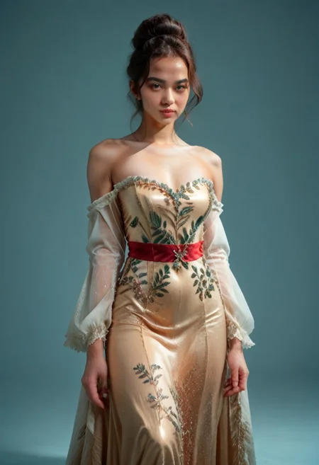 score_9, score_8_up, score_7_up, kebaya dress (long dress, skin tight, strapless, off shoulder, luxurious design, colored red),
pureerosface_v1, JDMAI_KEBAYA, JDMAI_ARIEL_SARI,
(dynamic lighting), (dynamic shadow), 4k, HD, Hi res, cinematic masterpiece, photographic masterpieces, epiCPhoto,
Neat hair bun, professional makeup, side view,
Portrait, upper body, alluring pose, confident facial expression,
(simple turquoise background), (blurry background), (sharp focus on object),