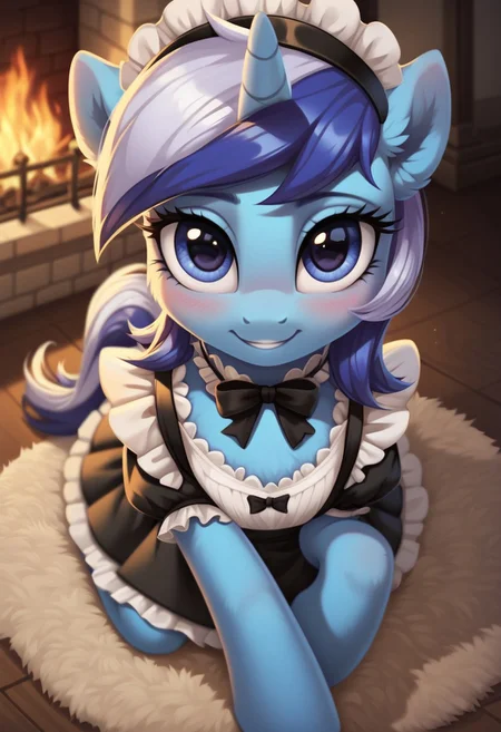 score_9, score_8_up, score_7_up, score_6_up, score_5_up, score_4_up, my little pony, solo, pony, feral pony, minuette, maid costume, sit, on knees, happy, smile, blushing, mansion, fireplace, choker, brush, look at you, beautiful, detailed, detailed fur, beautiful, vector, flat colors, (beautiful long eyelashes), ((close-up)), high angle