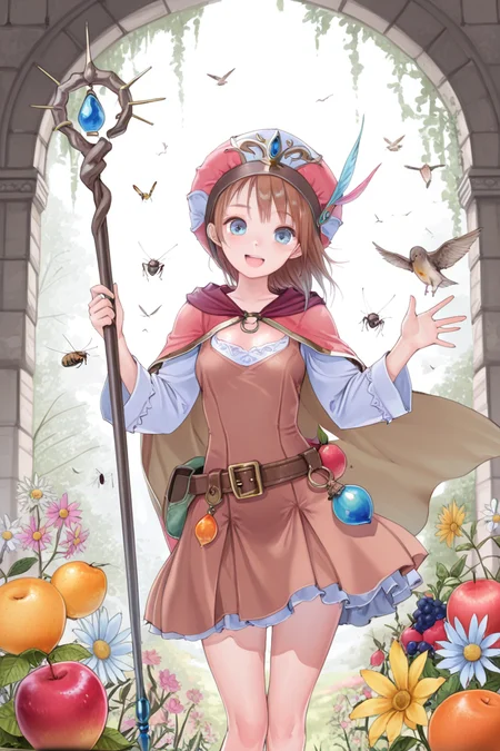 masterpiece, best quality, amazing quality,
 <lora:Mellco_IL:1> mellco, 1girl, bird, brown hair, blue eyes, solo, hat, staff, fruit, flower, smile, food, cape, open mouth, brown dress, bug, belt, dress