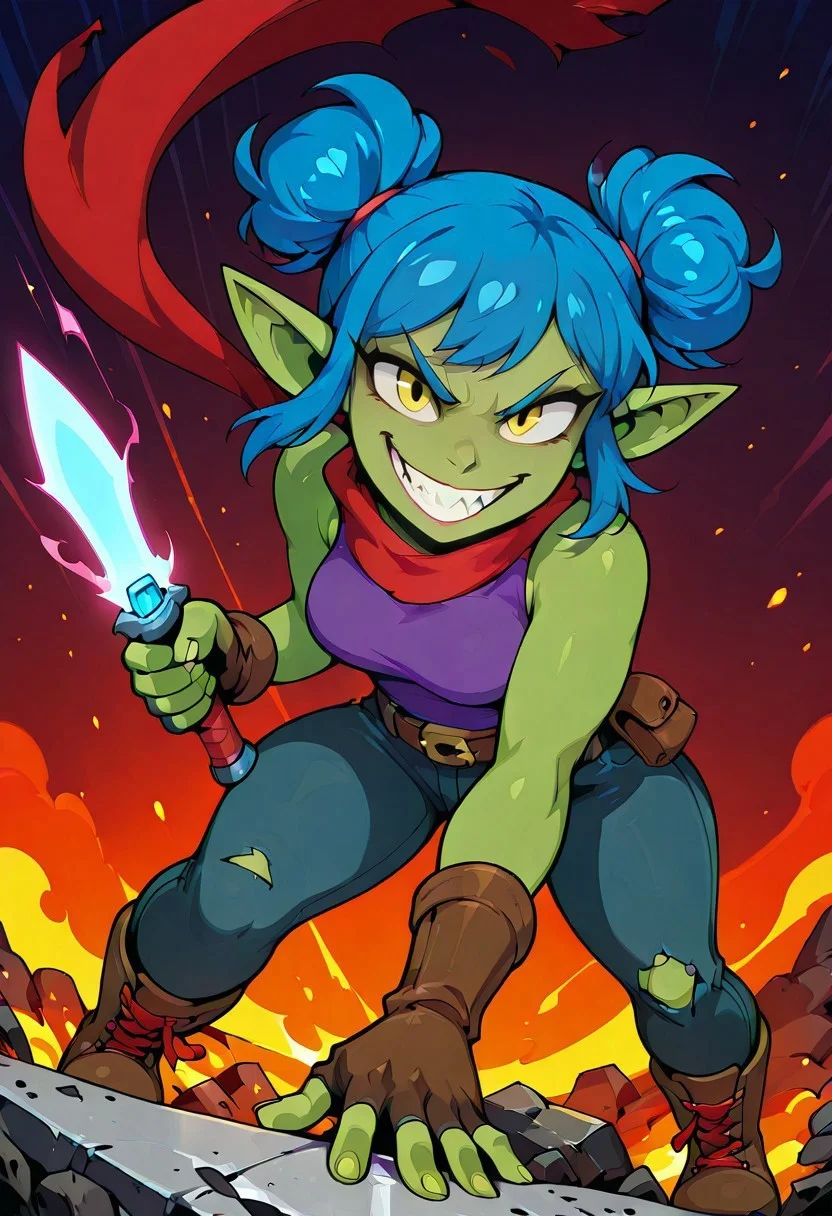 Sniktcore-sdxl, original character, aijalon,
"Goblin rogue mid-leap dagger attack",
(female goblin:1.4), (electric cobalt blue hair styled in messy space buns:1.5), (vivid lime green skin:1.4), (hot magenta streak in right-side bangs:1.3), (yellow eyes:1.4), sharp almond-shaped eyes, high contrast pupils, consistent eye design, symmetrical eye rendering, comic-style eye shading,
(threatening pose:1.5), (looking at viewer:1.4), (sharp grin:1.4), (raised glinting daggers:1.8)
(dynamic pose:1.6), (mocking expression:1.5)
(long red scarf:1.3), torn purple tank top, (dark brown fingerless gloves:1.0), ripped midnight blue pants, (dark cocoa brown combat boots with red laces:1.2),
flaming wreckage, glowing embers, spotlight beam, swirling smoke, magical backlash, flying debris,
comic-style cel shading, clean lineart, stylized, cinematic color contrast, digital painting, by Dan Mora,