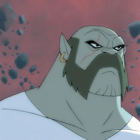 kwarrel, male, facial hair, pointy ears, earring on right ear, colored skin, bald, white shirt, black eyes, scar across eye, pants, muscular, large physique, standing, frown, masterpiece, best quality, amazing quality, score_9_up, score_8_up, score_7_up,