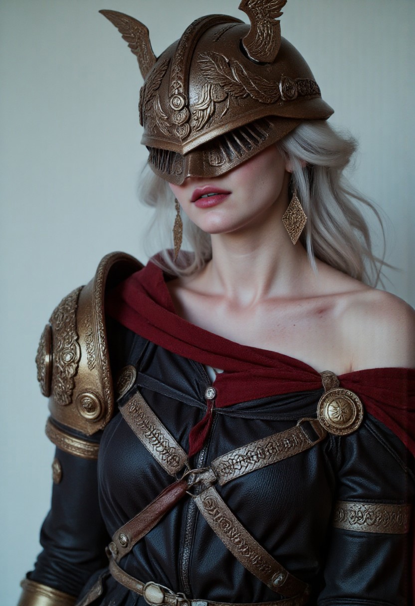The image is a high-fashion photograph showcasing a Busty shyly laughing Ciri with fair skin and delicate freckles and white hair. She wears an elaborate, futuristic shiny, and reflective chrome armor-like outfit inspired by the traditional Japanese Edo period and Warhammer aesthetics. Cleavage, Her light laughter softens her otherwise powerful appearance, her eyeshadow eyes peeking from beneath a striking, oversized mirrorring kabuto-style helmet. Her eyelids are adorned with shimmering, iridescent blue eyeshadow that extends beyond her eyelashes, creating a striking contrast against her skin. The helmet, predominantly reflecting with silver accents, is adorned with a dragon-like crest at the front, and intricate mirror filigree winds through the design, echoing the ornate detailing of Edo-period samurai armor.
Her cheeks, flushed from her laughter, are framed by her freckles, and her expression is warm and approachable despite the imposing armor. She wears a black, segmented outfit that mimics traditional samurai armor, the layered plates of her outfit forming a mix of matte black leather and metallic elements. The intricate engravings and gold accents give it a regal but softened look. The background remains a plain, light gray, which contrasts with the dark armor, allowing her shy demeanor, bright eyes, and soft laughter to stand out even more, giving the powerful outfit an unexpectedly tender, approachable vibe.
