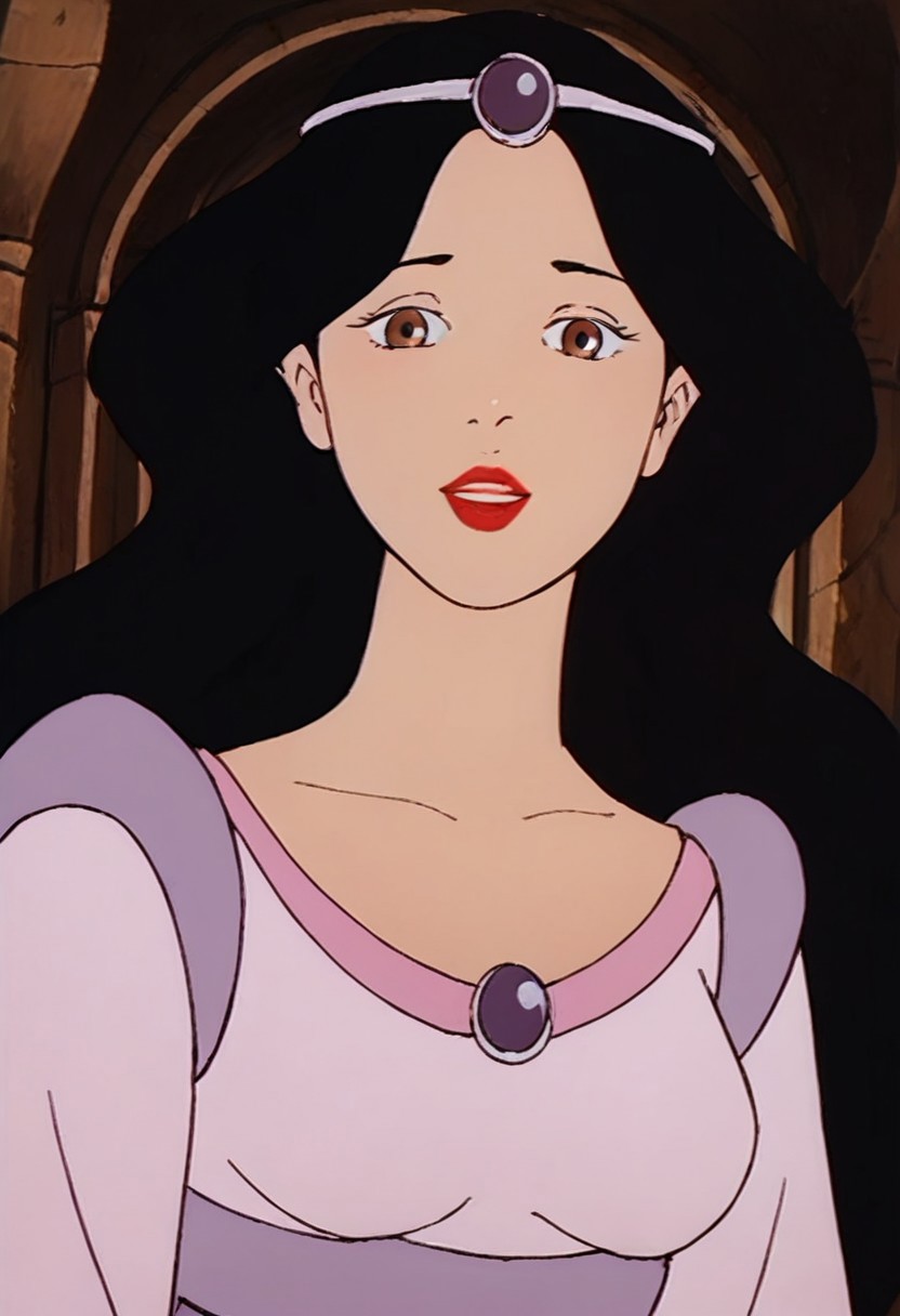 score_9_up, score_8_up, score_7_up, 1980s (style), retro artstyle, source_cartoon, rating_safe 
JetLagSnowWhite, 1girl, black hair, long hair,  lipstick, makeup, red lips, brown eyes, tiara, circlet, jewelry, gem, dress, long sleeves, pink dress, purple dress, white dress,
solo, upper body, dutch angle, looking at viewer,