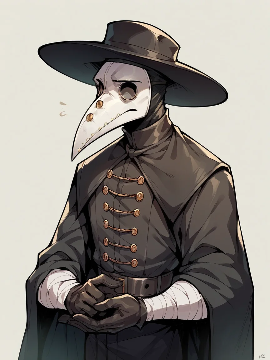 score_9, score_8_up, score_7_up, score_6_up, score_5_up, <lora:PlagueDoctorXLP:1> plague doctor, mask, hat, solo, gloves, 1boy