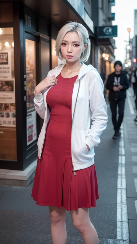portrait of a beautiful woman, flamenco, red dress, cowboy_shot, realism <lora:GuoFeng2_Lora:0.2>,<lora:AdaWongResidentEvil4_adawongV10:0.2> ,<lora:Fanbingbing_fbbV12:0.5>,, (8k, RAW photo, best quality, masterpiece:1.2), (realistic, photo-realistic:1.37), ultra-detailed,full body,1 girl, solo,beautiful detailed sky,detailed tokyo street,night,beautiful detailed eyes,beautiful detailed lips,professional lighting, photon mapping, radiosity, physically-based rendering,extremely detailed eyes and face, beautiful detailed eyes,light on face,cinematic lighting, short jacket,hoodie,school uniform,1girl,full body,full-body shot,see-through,looking at viewer,outdoors,((white hair)),