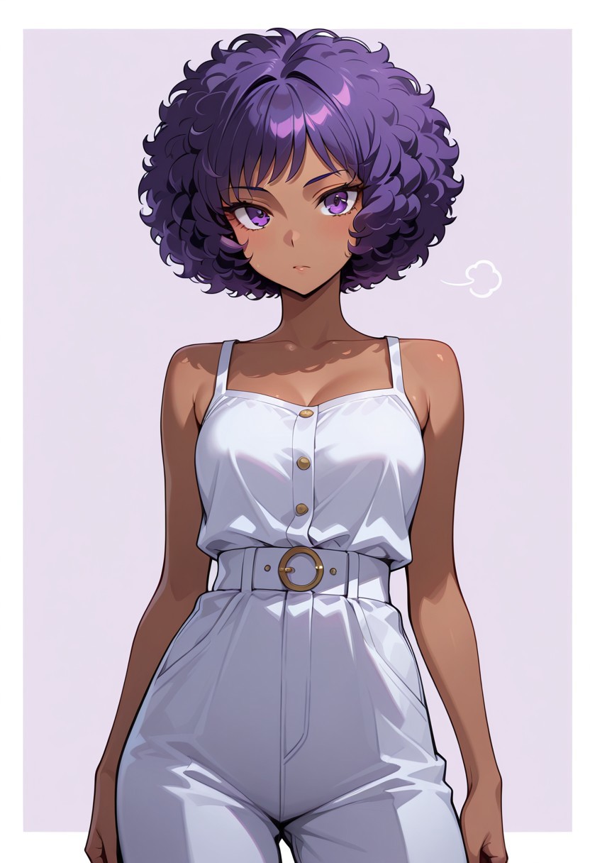 masterpiece, best quality, 8k, absurdres, very aesthetic, ultra-detailed, best illustration,
...
 1girl, dark-skinned female, purple hair, curly hair, curly afro
