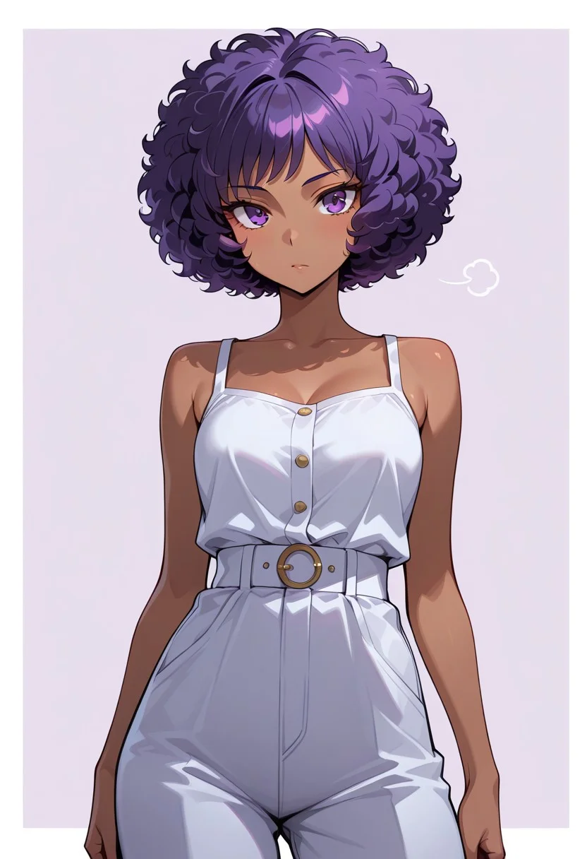 masterpiece, best quality, 8k, absurdres, very aesthetic, ultra-detailed, best illustration,
...
1girl, dark-skinned female, purple hair, curly hair, curly afro