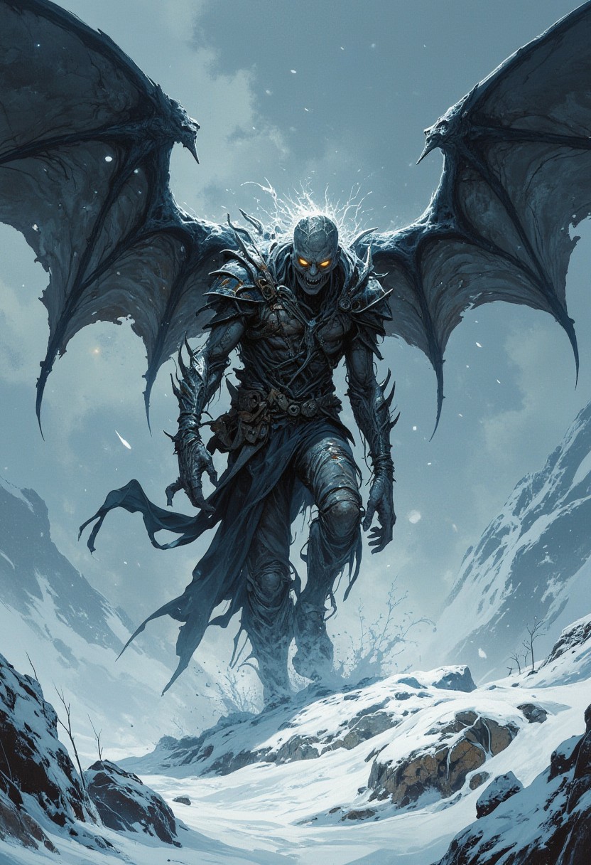 score_9, score_8_up, score_7_up, boris vallejo style, frank frazetta style, 8k high quality digital painting, masterpiece, very detailed, ultra realistic, (best quality) very detailed epic masterpiece, detailed face, a Frankenstein-like zombie monster with big leather wings, stands in a heavy snowstorm and looks over, slightly hunched posture, glowing eyes, very menacing, ragged outfit, difficult to see through the heavy snowstorm, wind blows across the terrain, snow spreads across the ground in large plumes swept, blizzard, scary, frightening, full body, realistic, realism,