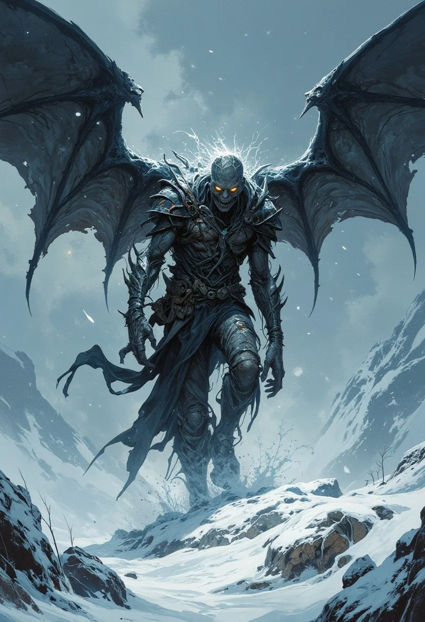 score_9, score_8_up, score_7_up, boris vallejo style, frank frazetta style, 8k high quality digital painting, masterpiece, very detailed, ultra realistic, (best quality) very detailed epic masterpiece, detailed face, a Frankenstein-like zombie monster with big leather wings, stands in a heavy snowstorm and looks over, slightly hunched posture, glowing eyes, very menacing, ragged outfit, difficult to see through the heavy snowstorm, wind blows across the terrain, snow spreads across the ground in large plumes swept, blizzard, scary, frightening, full body, realistic, realism,