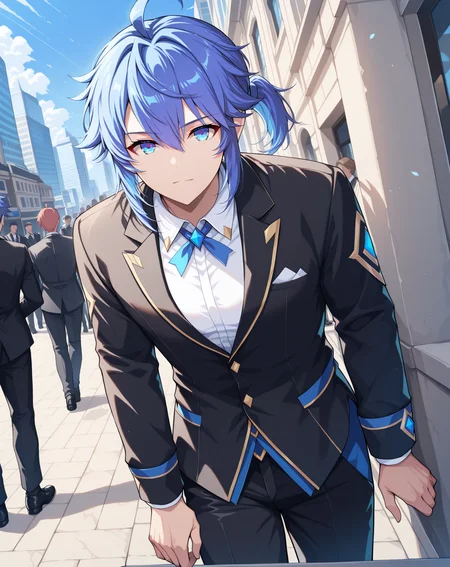 masterpiece, best quality, absurdres, very aesthetic,
1boy, solo, yaoi, male focus,
looking at viewer, cowboy shot, standing,
<lora:Ronan_Evolution_ilxl:1> ronanevolution, ponytail, blue hair, ahoge, hair between eyes, blue eyes,
tuxedo, neck ribbon, white shirt, collared shirt, black pants, shoes, black footwear, suit jacket, black jacket,
outdoors, day, blue sky, building, people,