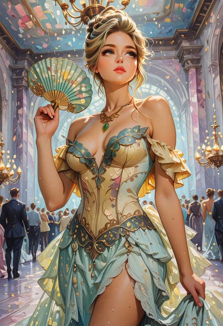 masterpiece, best quality, impressionism, painting, brushstrokes, 1woman, long hair, dirty blonde, updo, hazel eyes, medium breasts, , pale yellow gown, embroidered gown, off shoulder, ((detailed eyes)), emerald necklace, demure, elegant, society, opera hall, variant light, holding, fan, holding fan, seated, interested, engaged, crowded opera house, ornate chandelier, dynamic angle, dynamic pose, abstract