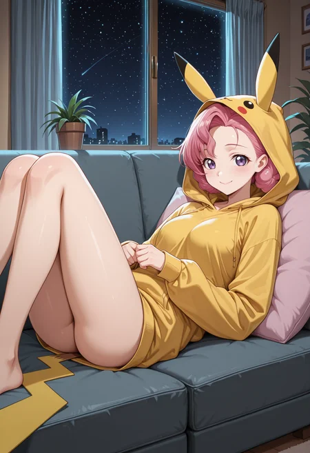 masterpiece, best quality, highres, absurdres, very awa, 1girl, solo, euphy, pink hair, double bun, doughnut hair bun, asymmetrical bangs, pikachu \(cosplay\), pikachu ears, hood, hood up, long sleeves, yellow hoodie, indoors, couch, lying, on back, knees up, pikachu tail, living room, window, curtains, cushion, potted plant, purple eyes, night, starry sky, looking at viewer, closed mouth, smile