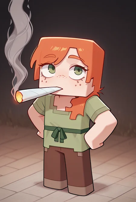 <lora:alexmc-10:1> alexmc, orange hair, 1girl, solo, green eyes, long green shirt, brown pants, short sleeves, freckles, square arms, square body, green waist ribbon,  <lora:doobie_ralsei-il:1> mikus-concept, standing, hands on hips, smoking, large cigarette, smoke, masterpiece, best quality, amazing quality, very aesthetic, absurdres, newest,