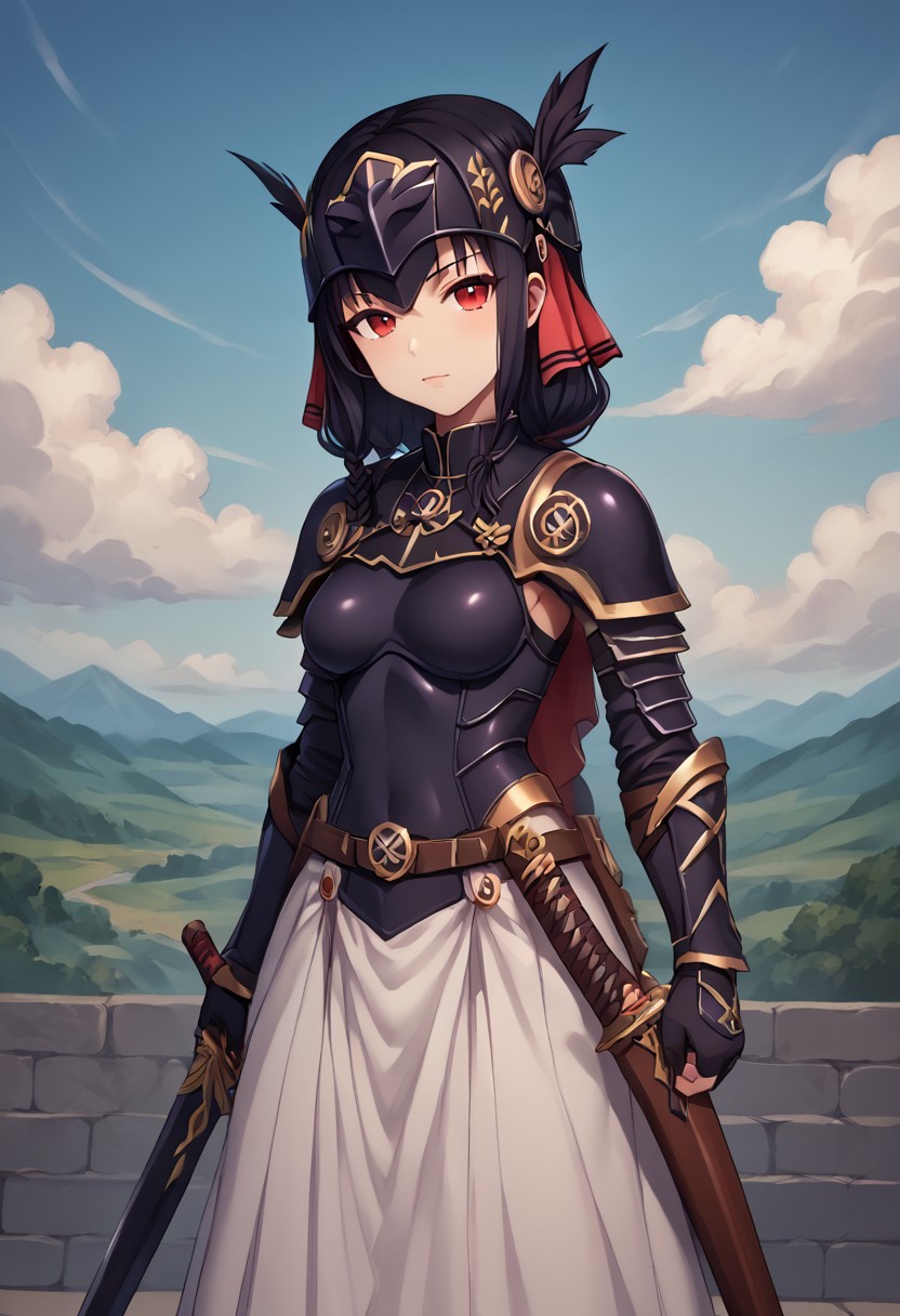 score_9, score_8_up, score_7_up, detailed, intricate details, chromatic aberration, realistic, veins source_anime, kuroinukaguya, , (best quality) , (highly detailed) ,((masterpiece)), ((best quality)), (ultra-detailed), ((extremely detailed)), (high resolution), 4K, (8K), best quality, (beautiful), (dynamic lighting), (super detailed skin), sharp focus, (1_girl, solo focus), score_9,score_8_up,score_7_up,anime coloring BREAK source_anime,anime, hrist \(v@lkyrie prof1le\), , red eyes, black hair, long hair, Very Long Hair, Dark Hair, Dark Black Hair, Raven Black Hair, Black Hair, (outdoors:1.5, sky:1.5, airwalking:1.5, holding weapon:1.5, sword:1.5, blue sky:1.5, clouds:1.5), LennethVP, braid, single braid, Black armor, armored dress, winged helmet, pauldrons, gauntlets, greaves, armor, valkyrie, cuirass, vambraces, shoulder armor, turtleneck, black hair, long hair, white skirt, pelvic curtain Face Focus, Upper Body detailed eyes、detailed face and detailed skin <lora:add-detail-xl:1.0>