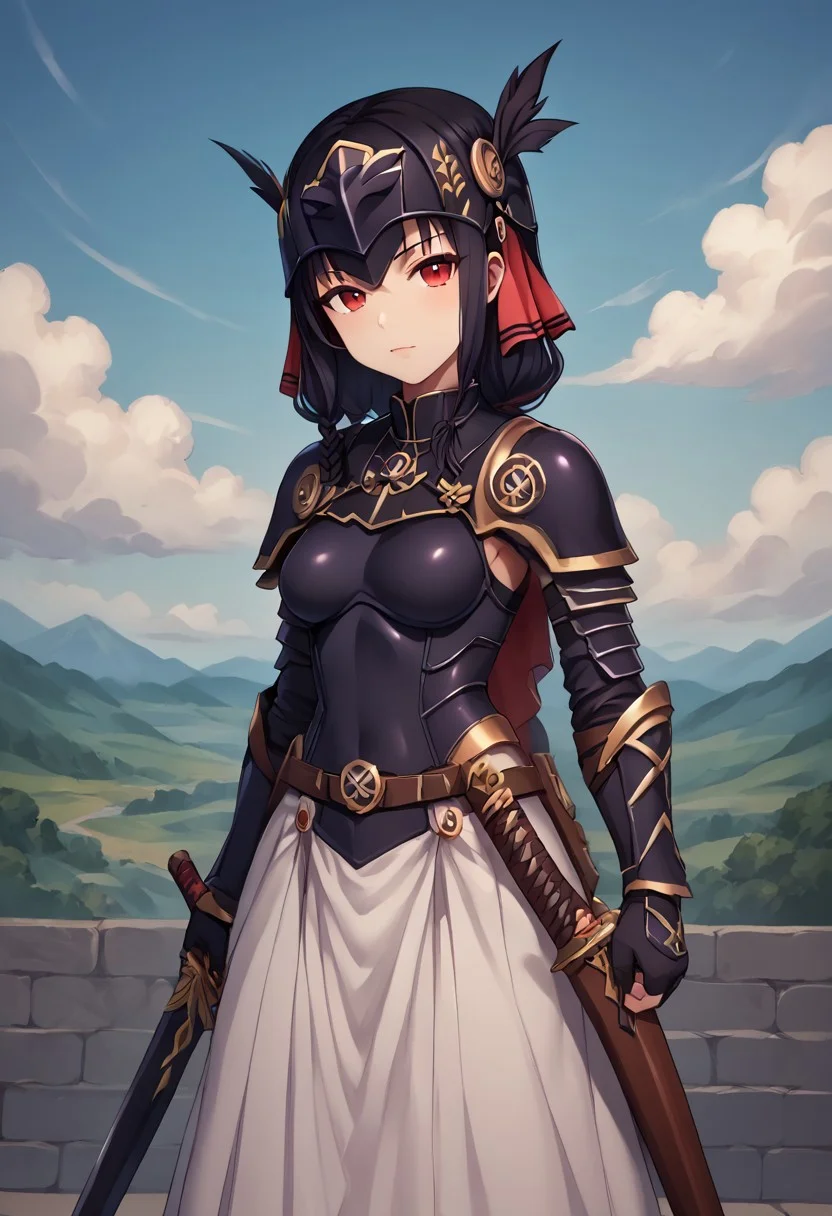 score_9, score_8_up, score_7_up, detailed, intricate details, chromatic aberration, realistic, veins source_anime, kuroinukaguya, , (best quality) , (highly detailed) ,((masterpiece)), ((best quality)), (ultra-detailed), ((extremely detailed)), (high resolution), 4K, (8K), best quality, (beautiful), (dynamic lighting), (super detailed skin), sharp focus, (1_girl, solo focus), score_9,score_8_up,score_7_up,anime coloring BREAK source_anime,anime, hrist \(v@lkyrie prof1le\), , red eyes, black hair, long hair, Very Long Hair, Dark Hair, Dark Black Hair, Raven Black Hair, Black Hair, (outdoors:1.5, sky:1.5, airwalking:1.5, holding weapon:1.5, sword:1.5, blue sky:1.5, clouds:1.5), LennethVP, braid, single braid, Black armor, armored dress, winged helmet, pauldrons, gauntlets, greaves, armor, valkyrie, cuirass, vambraces, shoulder armor, turtleneck, black hair, long hair, white skirt, pelvic curtain Face Focus, Upper Body detailed eyes、detailed face and detailed skin <lora:add-detail-xl:1.0>