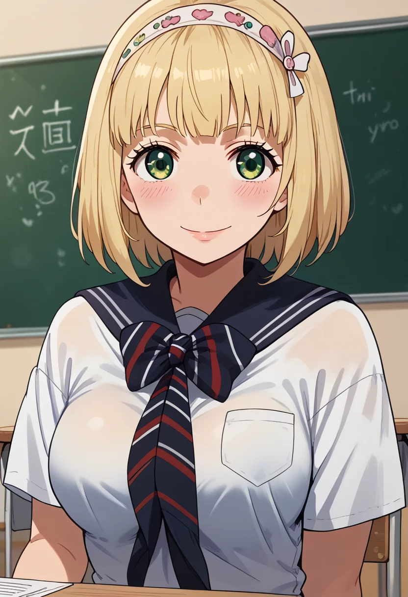 score_9, score_8_up, score_7_up, highres, 18yo, high res image, source_anime, masterpiece, 1girl, solo, detailed face, detailed eyes, <lora:MoriyamaShiemi:1>, moriyamashiemi, shiemi, blonde hair, short hair, blunt bangs, green eyes, blush, classroom, school uniform, hairband, smile