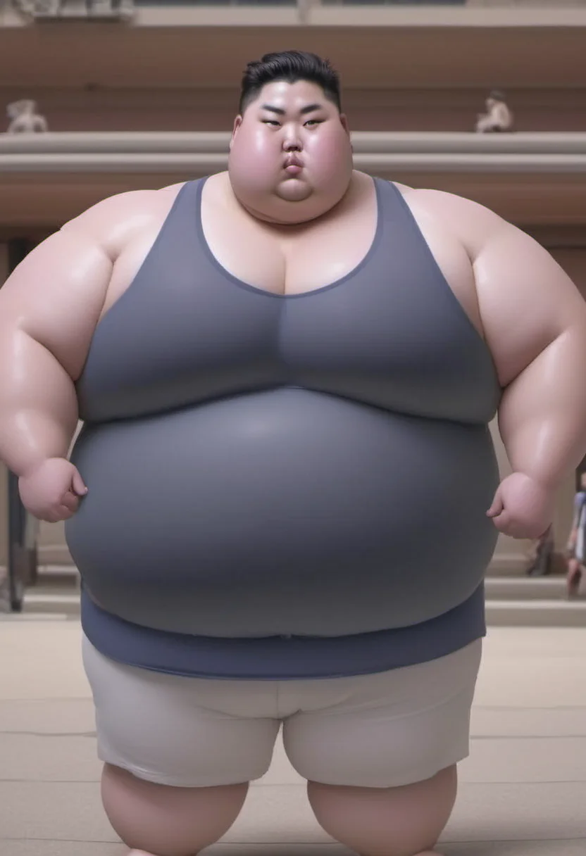 <lora:runga_8.1:0.86>thick arms, fat japanese young man, obese, superchub, male focus, fattest, fat,(navy cotton thin tank top,in city:3.0)
