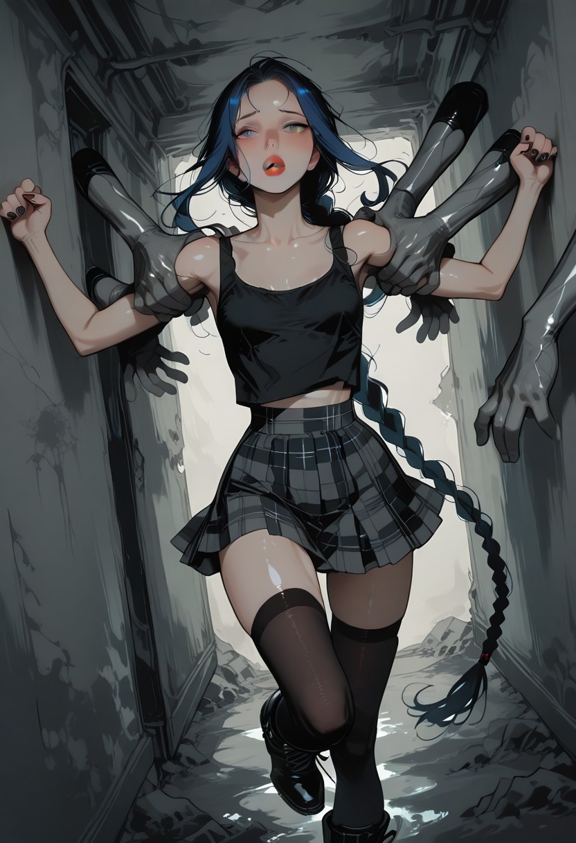 LDSCH, aesthetic, p1n04rtstyl3,pinoartstyle,pino art style, 1woman, dark blue hair, ((hair in long single braid)), (((very long braid))), absurdly long hair, blue eyes, ((slim body)), fit slim, (small breasts), dynamic angle, skinny body, narrow waist, black nail polish, red lipstick, slight blush
wearing black tank top, wearing plaid skirt, wearing black thigh high stockings, wearing hiking boots
In a dark hallway, abandoned building, gray walls, moldy walls, stained walls, she is running, arms in defensive position, 
<lora:tomanyhands_Illu_Dwnsty:1>, to many hands, surrounded by gray hands, grabbing, gray hands stretching from the walls, gray walls morphing into hands, have are made of same material as the walls, hands are same color as the walls
She is scared, trying to avoid gray hands, fighting away from hands, dodging hands