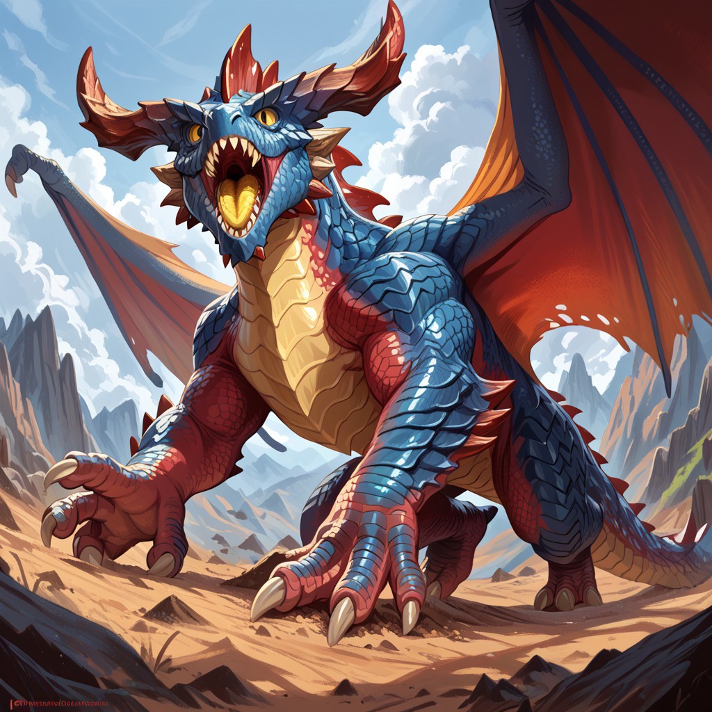 Red dradon ,dnd_dragon no humans wings dragon horns tail cloud scales monster sharp teeth claws teeth sky open mouth giant mountain yellow eyes solo spikes score_9 score_8_up score_7_up score_6_up score_5_up score_4_up no humans