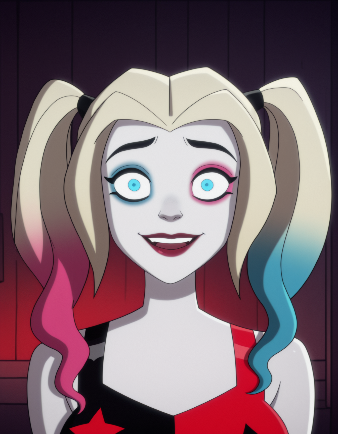 masterpiece, best quality, amazing quality,<lora:harleyQuinnIllustrious:1>,1girl, solo, hqu1nn,
crop top, portrait, yandere,  <lora:afkJourneyIllustrious2:1.2> afkJourneyStyle