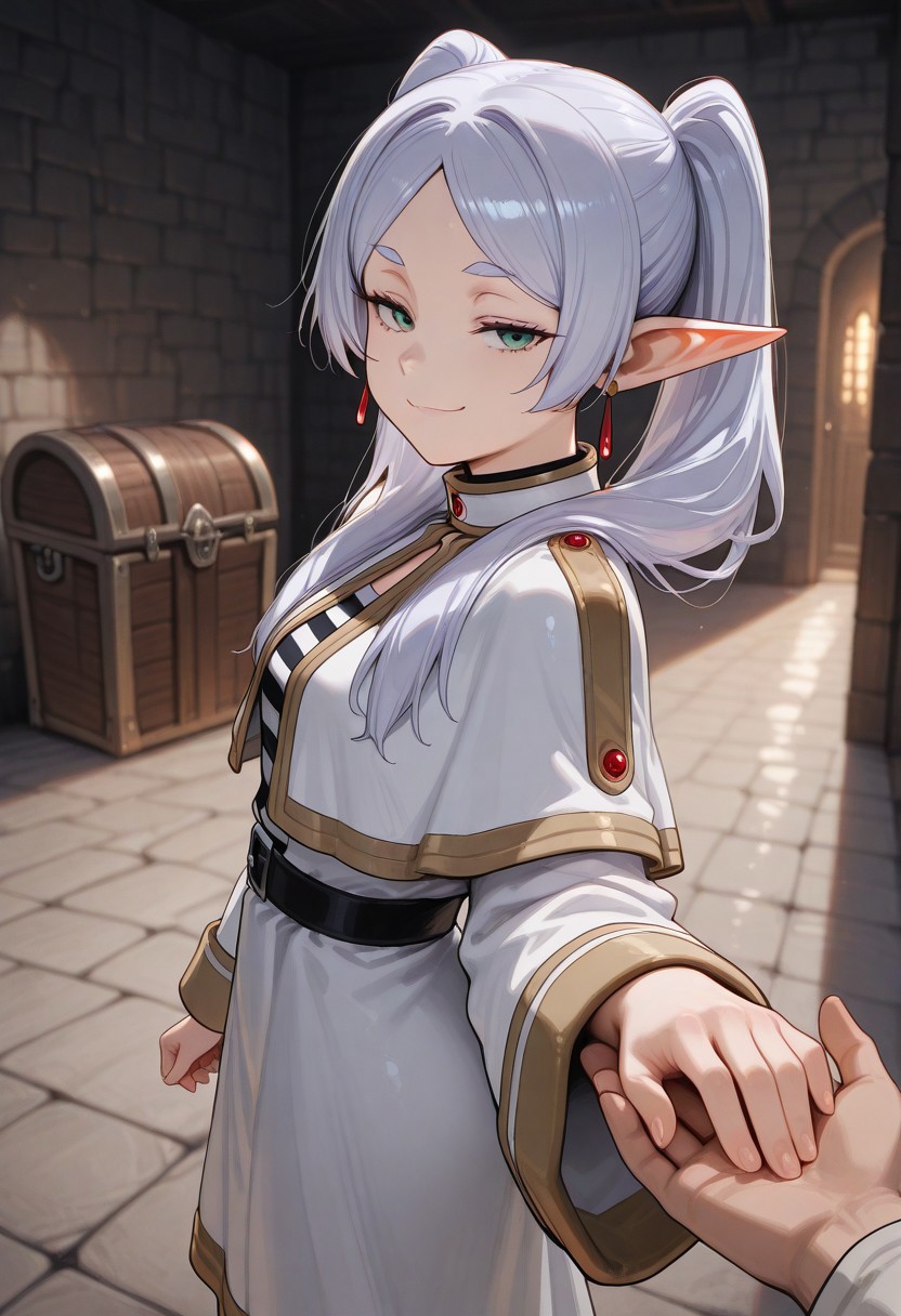 masterpiece, by piaki,  best quality, very detailed, 
1 girl, frieren \(sousou no frieren\), smaln breasts, long hair, white hair, twintails, green eyes, big eyes, white robe, smug,
holding hands, from side, looking back, pov hands, standing, looking at viewer, cowboy shot, indoors, dungeon, mimic chest, chest in background, mimic, blurry background,