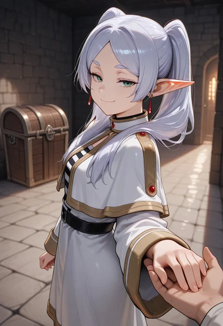 masterpiece, by piaki,  best quality, very detailed, 
1 girl, frieren \(sousou no frieren\), smaln breasts, long hair, white hair, twintails, green eyes, big eyes, white robe, smug,
holding hands, from side, looking back, pov hands, standing, looking at viewer, cowboy shot, indoors, dungeon, mimic chest, chest in background, mimic, blurry background,