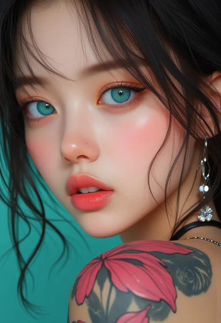 semi-realistic, Hyperrealism, extreme close-up Portrait of a beautiful, stunning unique female character. She has large turquoise eyes filled with joy and excitement, extravagant eyelashes, making this image a masterpiece of photography and digital art. Style: realistic hyper-detailed rendering, 32k UHD, expressive eyes, punk, graphic design, pink hibiscus tattoo, girl's face, side view, pretty and cute, gleaming lips, white skin, telling a tale of adventure. Exuding confidence and serenity. Vibrant tattoos adorn her sun-kissed skin