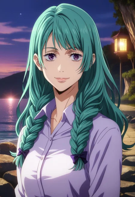 score_9, score_8_up, score_7_up, source_anime, intricate details, anime screencap, perfect balance, official art, extremely detailed CG unity 8k wallpaper, perfect lighting, Colorful, Warm_Front_face_Lighting, (masterpiece:1.0),(best_quality:1.0), ultra high res,4K,ultra-detailed, photography, 8K, HDR, highres, absurdres:1.2, Kodak portra 400, blurry background, bokeh, lens flare, (Anime) (vibrant_color:1.2), professional photograph, night, (good_face:1.2), 2d, anime, upper body, intricate iris, American, 1960s, 1970s, Professional character design, 1girl, female focus, (vibrant amethyst purple eyes), perfect eyes, (bright green-teal hair), (Long Silky smooth hair), (pretty hair), (beautiful hair), (wavy bangs), braided hair, preppy, white dress shirt, youthful, feminine, sultry, solo, jujutsu_kaisen_style, character portrait, (perfect-lighting, lens flare), face, torso, (Charming) (Beautiful) (Elegant) (Sophisticated smile), feminine, young, (Wealthy, manor, extravagant, ornate embellishments, coastal, shore, cliff), warm sunlight, daylight, (sunlight), (warm lighting), comfortable lighting. turquoise hair, vibrant purple eyes, amethyst eyes, slimes_mjur, wavy hair