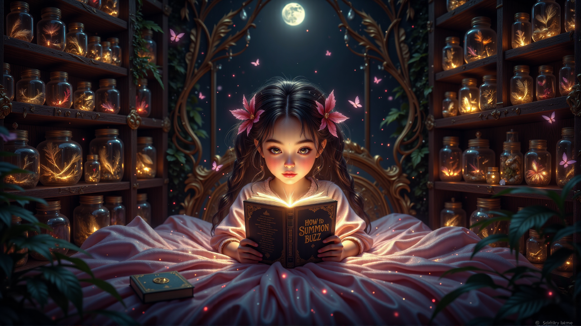 a cute girl on a bed reading a magical book that has a text on the cover reading " HOW TO SUMMON BUZZ", the room is decorated with many shelf filled with jars containing animal parts. the atmosphere is dark and mysterious
<lora:PinkieEtherealMJFLUX-v2.0:0.3> pinketherealmj
<lora:Midjourney_-_SemiReal_Dreams_FLUX_LoRA:0.3>
(extreme details:1.3)
full moon night
<lora:TEST_1:0.3> <lora:Hand v2:0.66> <lora:glowing_flux:0.6> <lora:Midjourney_Dreamlike_Fantasy_FLUX_LoRA:0.6>