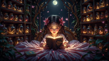 a cute girl on a bed reading a magical book that has a text on the cover reading " HOW TO SUMMON BUZZ", the room is decorated with many shelf filled with jars containing animal parts. the atmosphere is dark and mysterious
<lora:PinkieEtherealMJFLUX-v2.0:0.3> pinketherealmj
<lora:Midjourney_-_SemiReal_Dreams_FLUX_LoRA:0.3>
(extreme details:1.3)
full moon night
<lora:TEST_1:0.3> <lora:Hand v2:0.66> <lora:glowing_flux:0.6> <lora:Midjourney_Dreamlike_Fantasy_FLUX_LoRA:0.6>