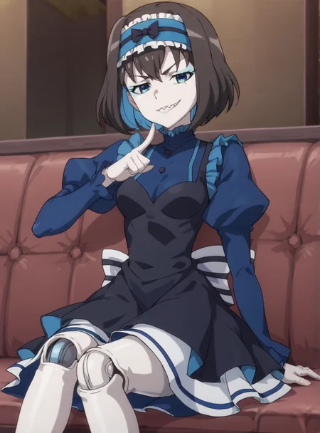 score_9, score_8_up, score_7_up, score_6_up, score_5_up, score_4_up, source_anime,anime screencap, <lora:GarieSymphogear:0.8>garietuman, short hair, black hair, blue hair, hairband, two-tone hair, blue eyes, dress, long sleeves, pale skin, sharp teeth, puffy sleeves, doll joints, makeup sitting, smirk,