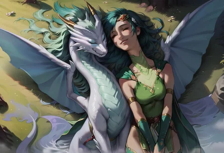 concept art, realistic, score_9, score_8_up, score_7_up, Expressiveh, forest background, water, close view, from above view,
2girl, rydia, long hair, human girl, green hair, closed eyes, circlet, hair ornament, green cape, green leotard, pelvic curtain, detached sleeves, thigh boots, laying,
(((Mist_Dragon))), feral dragon, hairless dragon, wings, colored sclera, fangs, sharp teeth, white body, white scales, hugging, touching heads, smiling,