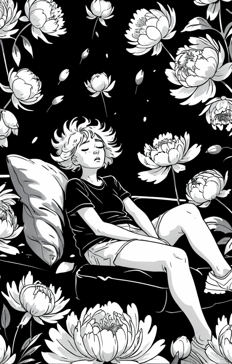 masterpiece,best quality,<lora:tbh373-sdxl:0.6>,illustration,style of exhausted people ,greyscale and white,comic decaying peonies
