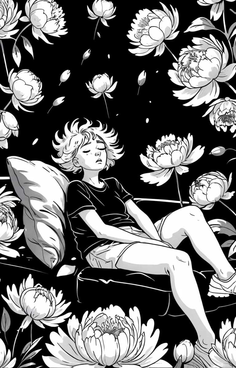 masterpiece,best quality,<lora:tbh373-sdxl:0.6>,illustration,style of exhausted people ,greyscale and white,comic decaying peonies