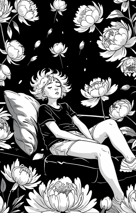 masterpiece,best quality,<lora:tbh373-sdxl:0.6>,illustration,style of exhausted people ,greyscale and white,comic decaying peonies