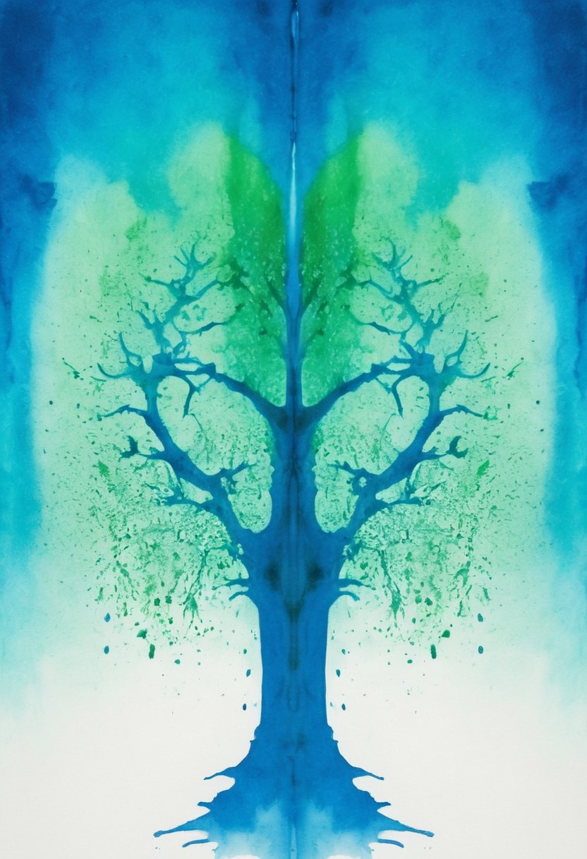 A rorschach-test resembling two symmetrical trees, dark Blue/green translucent ink splashes