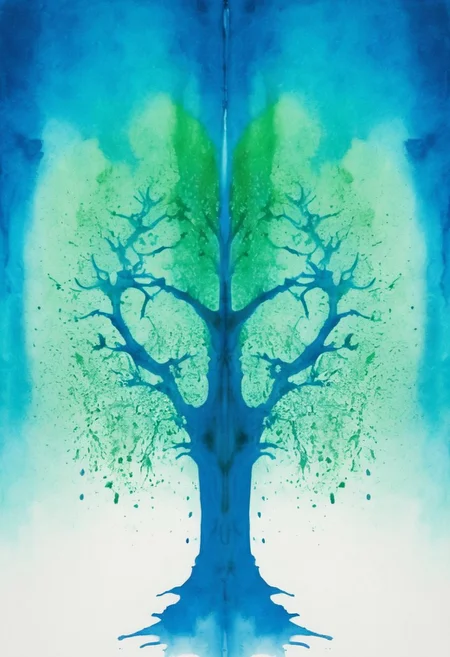 A rorschach-test resembling two symmetrical trees, dark Blue/green translucent ink splashes