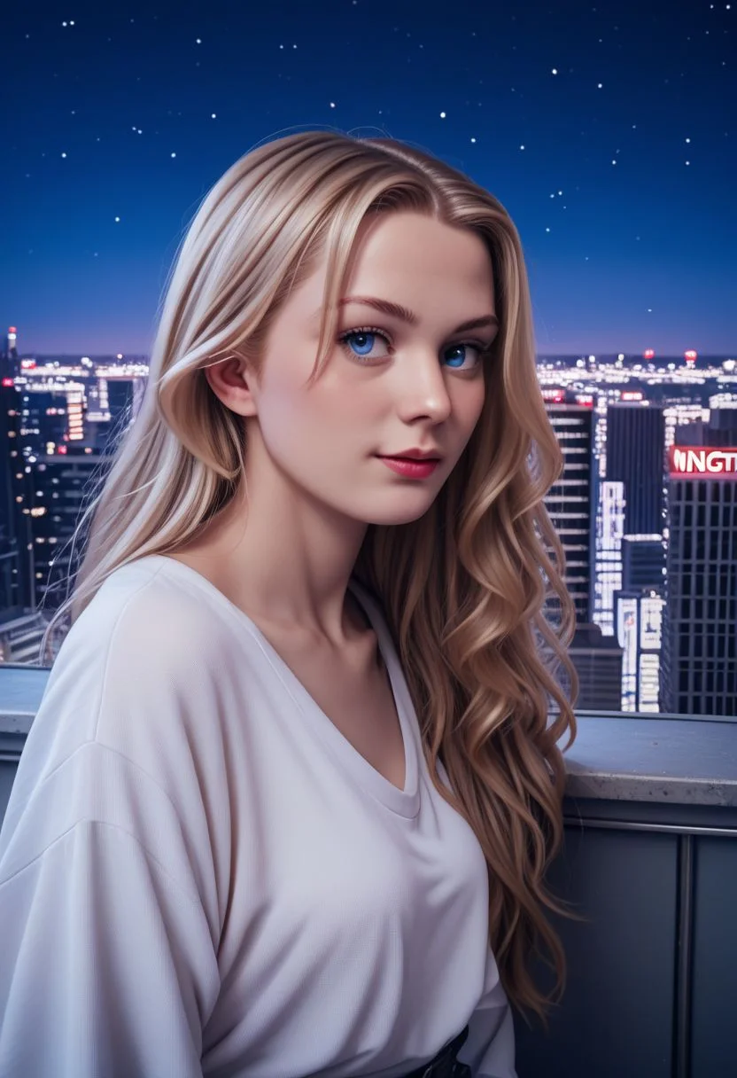 (Score_9,score_8_up, score_7_up:1.6),(source_anime:1.5),(rating_safe:1.5),(nigth scene:2.0), (( in exterior rooftop night city:2.0)),high definition, 35mm, ( detalled:1.5), 1girl, detailed face ,blue eyes , blonde hair, ,Long hair,Beutyfull