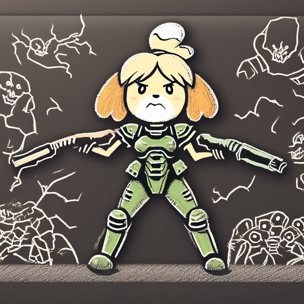 ch4lkdr4wing, chalk, (1girl), doom girl, armor, isabelle, firing shotgun at demons, hell
