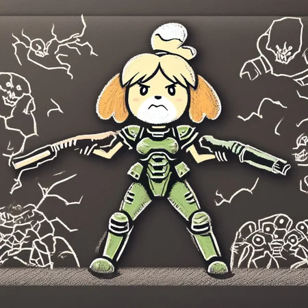 ch4lkdr4wing, chalk, (1girl), doom girl, armor, isabelle, firing shotgun at demons, hell