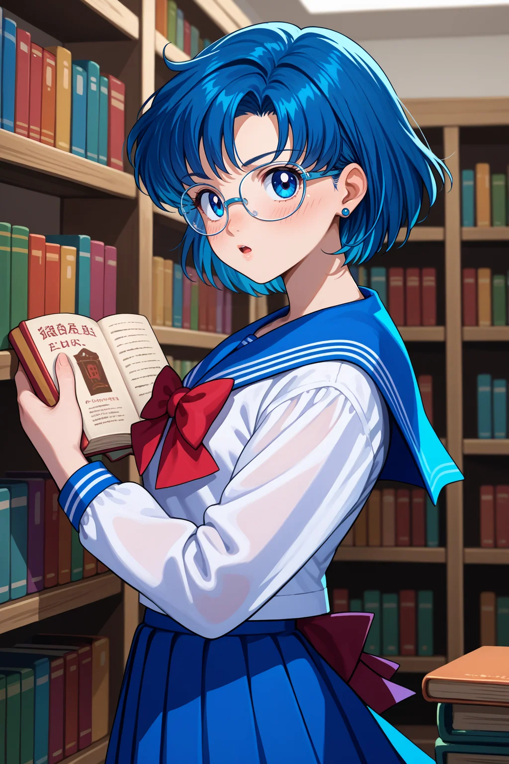 score_9, score_8_up, score_7_up, score_6_up, source_anime, 1girl, solo, <lora:sailormercury-pdxl-nvwls-v1-000005:1> slrmc, blue hair, short hair, blue eyes, earrings, white shirt, blue sailor collar, red bowtie, long sleeves, blue skirt, pleated skirt, school uniform, glasses, holding book, library, from side, looking at you, chestnut mouth, blush
