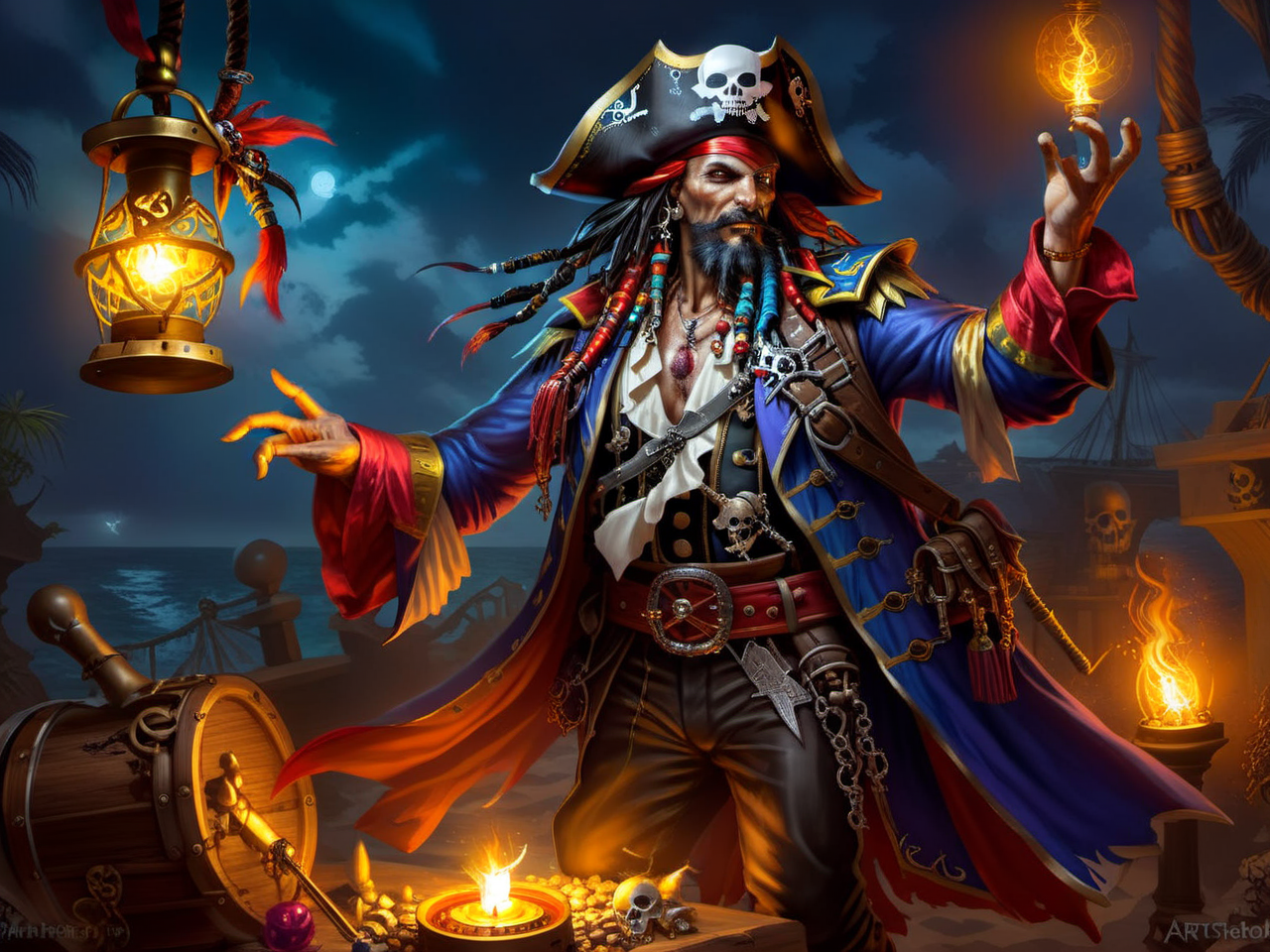 <lora:CulturePunkAI_3:.9> PiratePunkAI   sorcerer  Highly detailed, amazing, Impressive lighting, vibrant colors, Ultra Realistic, High quality, Highly detailed, trending on artstation, intricate detailed background
