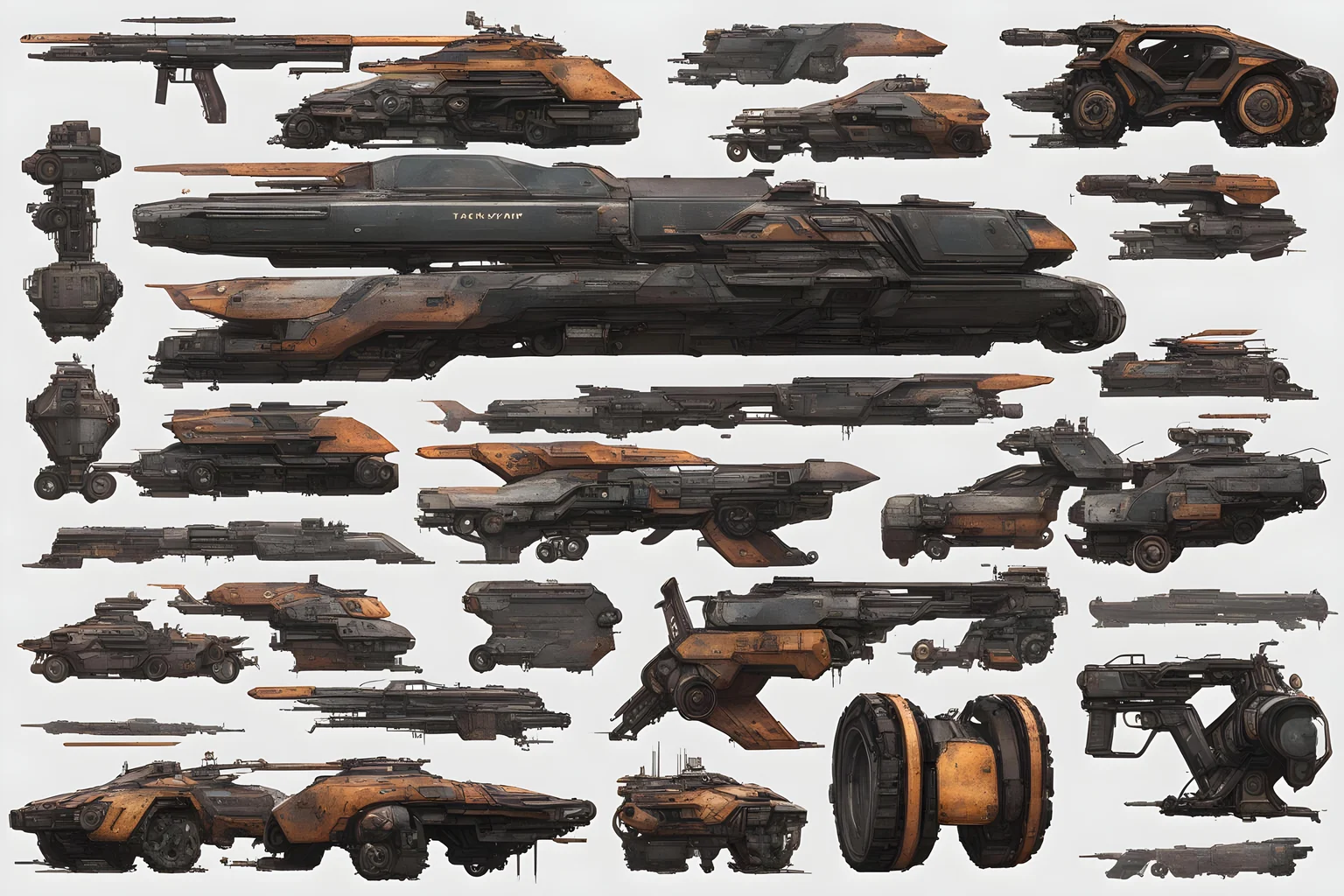 Metal texture, rusty, dirty, RPG game, sci-fi, cyberpunk, mega building, vehicle design, postapocalyptic, dystopian, futuristic, character sheet, Cyberpunk 2077, highres, super detailed, 2k, 4k, 8k, 16k, game asset, transparent background, frontal view, side view