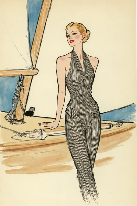 regr1 sketch.
A woman in a chic one-piece bathing suit onboard of a sailing boat.
She is standing with her hand resting on the gunnel of the boat. The bathing suit is elegant, featuring a classic design with subtle accents such as a halter neckline or nautical stripes that evoke the maritime theme.
<lora:regr2_fashion_nocap_d6a3:1.0><lora:807659477785410209:0>