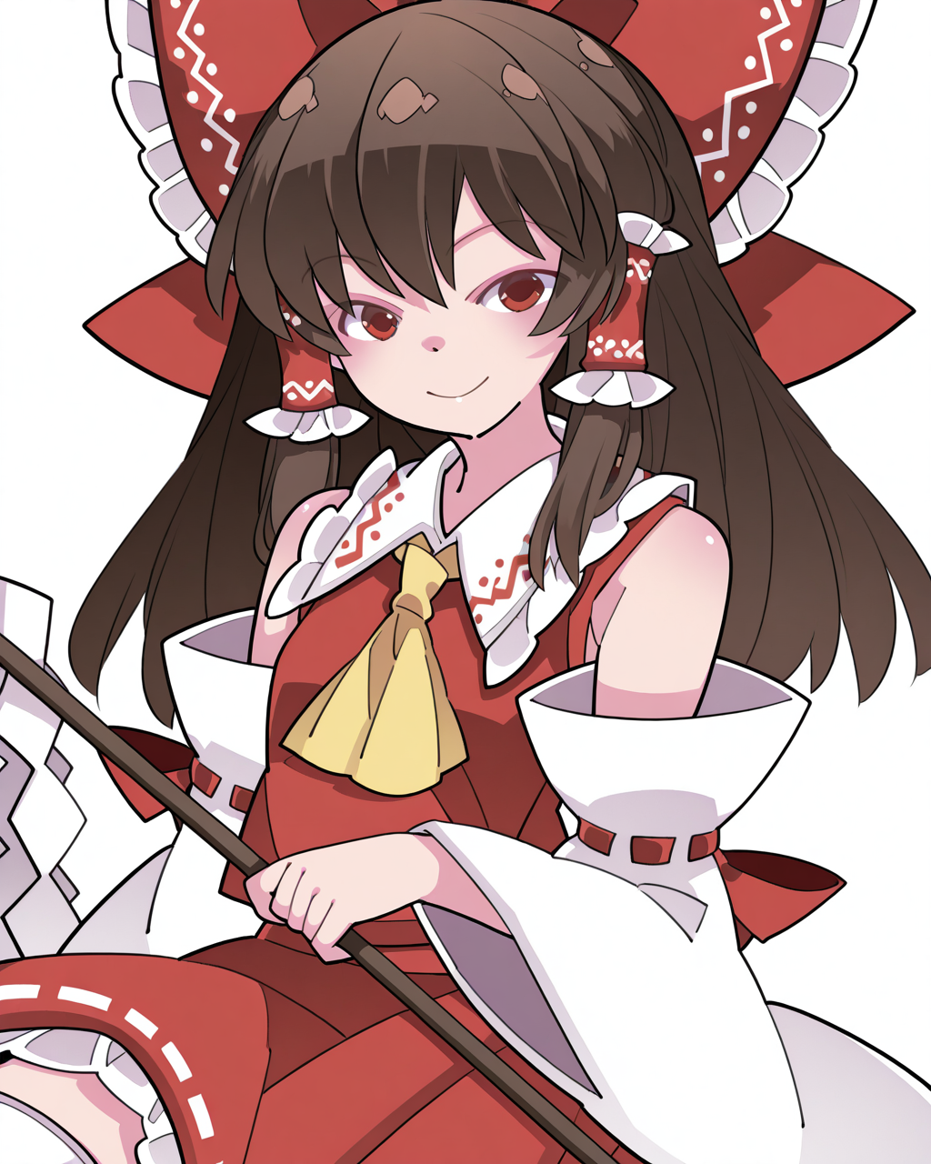1girl, solo, hakurei reimu,brown hair,red eyes,red bow,frilled hair tubes,red vest,yellow ascot,detached white sleeves,red skirt,white thighhighs, gohei, hammer \(sunset beach\), smile, looking at viewer, upper body, simple background, white background, masterpiece, best quality, very aesthetic, absurdres