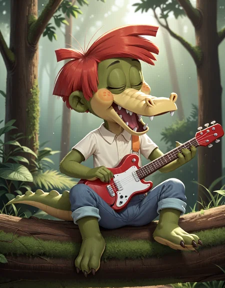 <lora:ArloXL-000070:1> male, Arlo beauregard, cute, alligator, scalie, black eyes, detailed scales, red hair, young, solo, freckles, green body, toony, sitting on a tree branch, playing a banjo guitar, musical instrument, overalls, yellow shirt, orange strap, closed eyes, open mouth, facing up, raised hand, stretched legs, BREAK masterpiece, best quality, score_9_up,score_8_up,score_7_up,score_6_up,score_5_up,score_4_up, source_furry, highly detailed, detailed background, absurdres, cinematic lighting, high resolution, 8K, perfect hands, highres, <lora:spo_sdxl_10ep_4k-data_lora_webui:2> <lora:Hyper-SDXL-2steps-lora:1>