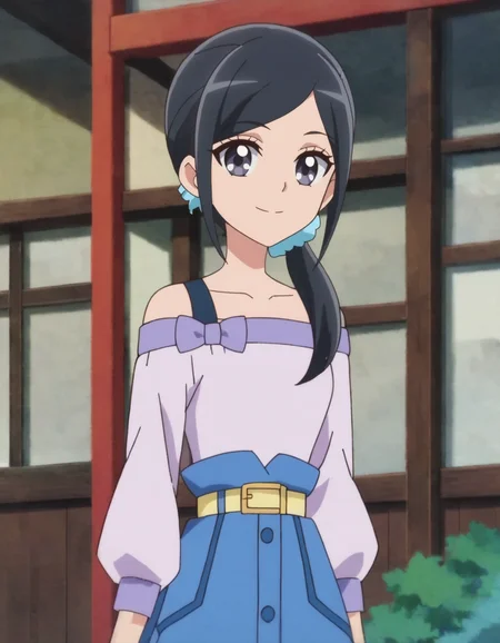 score_9, score_8_up, score_7_up, anime screencap, solo,1girl,sawaizumichiyu,smile, hair ornament, skirt, blue scrunchie, hair scrunchie,shirt, scrunchie, blue skirt, collarbone, yellow belt,off shoulder, long skirt, purple shirt, long sleeves, closed mouth, off-shoulder shirt, looking at viewer, cowboy shot,medium breasts<lora:sawaizumichiyu:0.8>