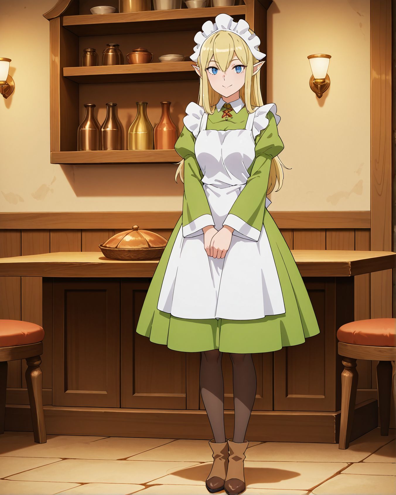 masterpiece,best quality,amazing quality,very aesthetic,absurdres,newest, huge filesize,
<lora:spo_sdxl_10ep_4k-data_lora_webui:0.5>, anime,anime coloring, anime screenshot, 2D anime,
BREAK
<lora:DanMachi_Heith_Velvet__Freya_Syr__Horn__Ryuu:1>
1girl, front view, solo,
pantyhose, long hair, 
maid headdress,
apron,maid,pointy ears,
blue eyes,blonde hair,
full body,smile,d_ryuu,D_Heith Velvet, 
brown shoes,
 indoors, fantasy,  restaurant, medieval century,