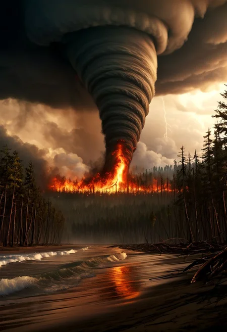 tornado over a burning forest , tsunami on the coast, epic , masterpiece, dynamic, highly detailed